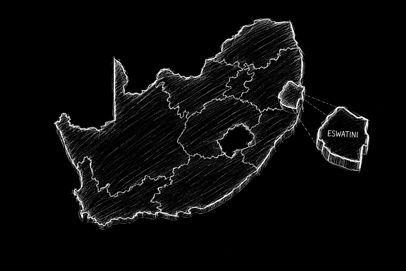 Hand-drawn map of South Africa and Eswatini